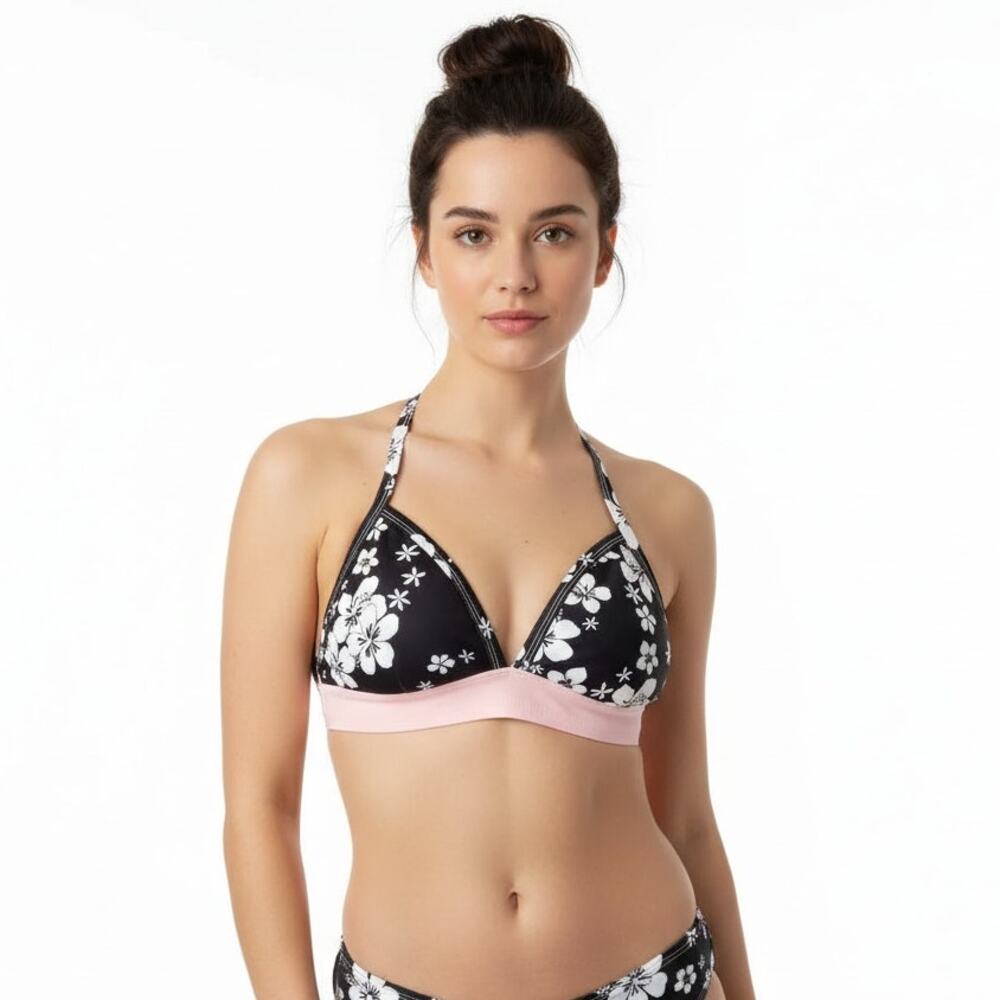 Frankies Bikinis Black White Floral Sports Bra, S